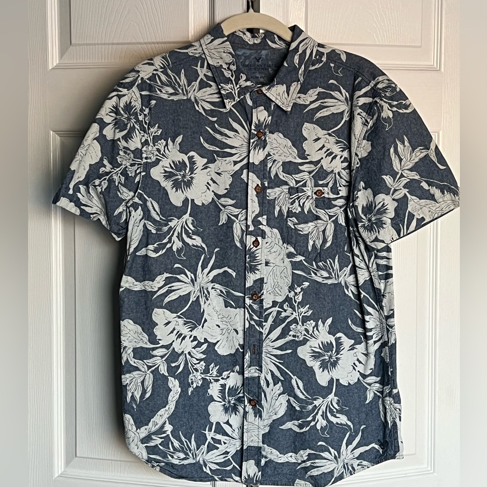 American Eagle Floral Patterned Short Sleeve Button Down Slim Fit Shirt